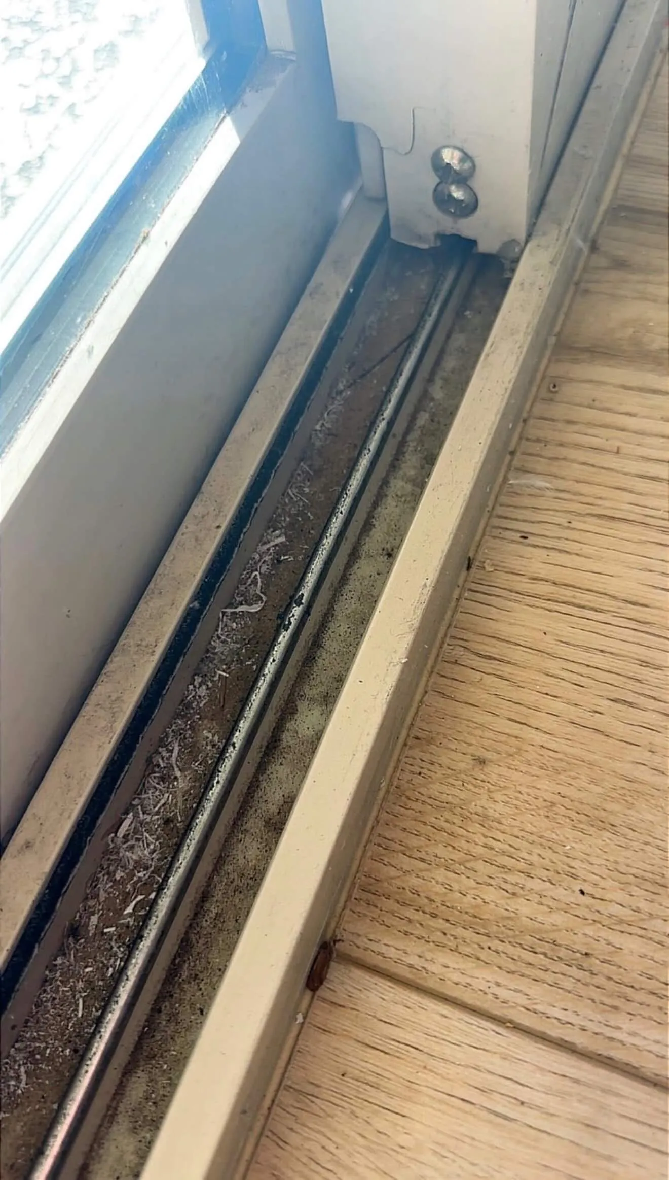 Sliding door track before detailed cleaning